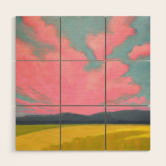 Bright Pink Sunset Over Mountains and Farm Fields Wood Wall Art Gallery Image 1