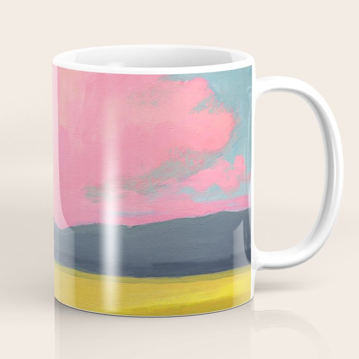 Bright Pink Sunset Over Mountains and Farm Fields Coffee Mug Gallery Image 1