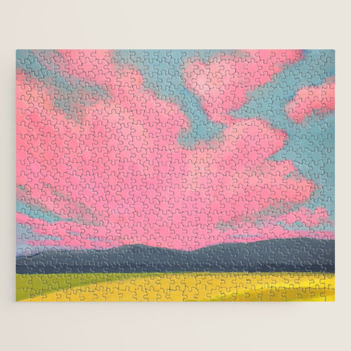 Bright Pink Sunset Over Mountains and Farm Fields Jigsaw Puzzle Gallery Image 1