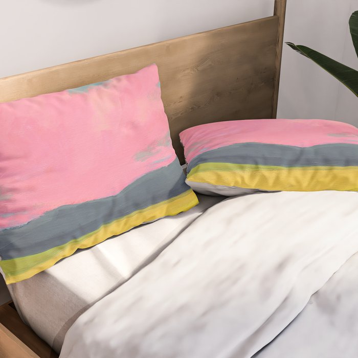 Bright Pink Sunset Over Mountains and Farm Fields Pillow Sham Gallery Image 2