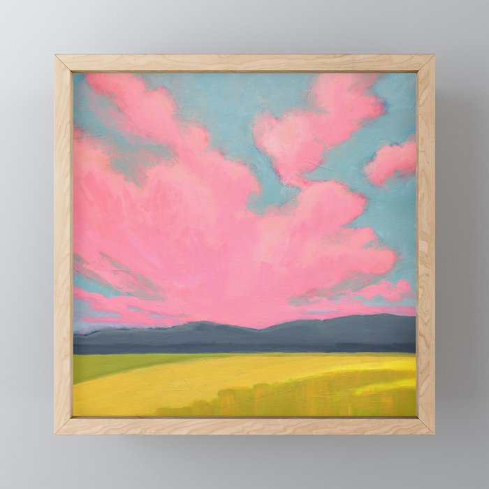 Bright Pink Sunset Over Mountains and Farm Fields Mini Art Print Gallery Image 1