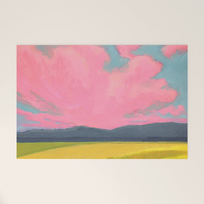 Bright Pink Sunset Over Mountains and Farm Fields Welcome Mat Gallery Image 1
