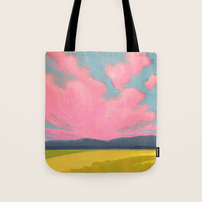 Bright Pink Sunset Over Mountains and Farm Fields Tote Bag Gallery Image 1