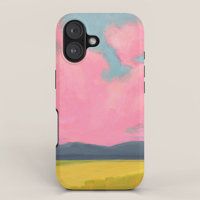 Bright Pink Sunset Over Mountains and Farm Fields iPhone Case Gallery Image 1