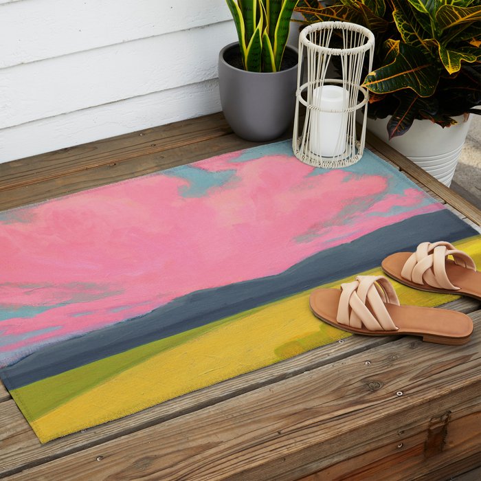 Bright Pink Sunset Over Mountains and Farm Fields Outdoor Rug Gallery Image 2