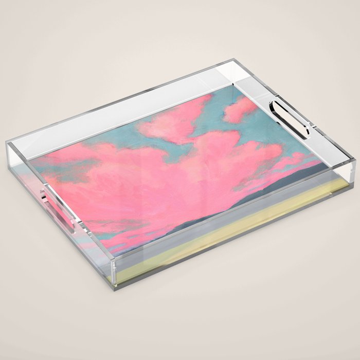 Bright Pink Sunset Over Mountains and Farm Fields Acrylic Tray Gallery Image 1