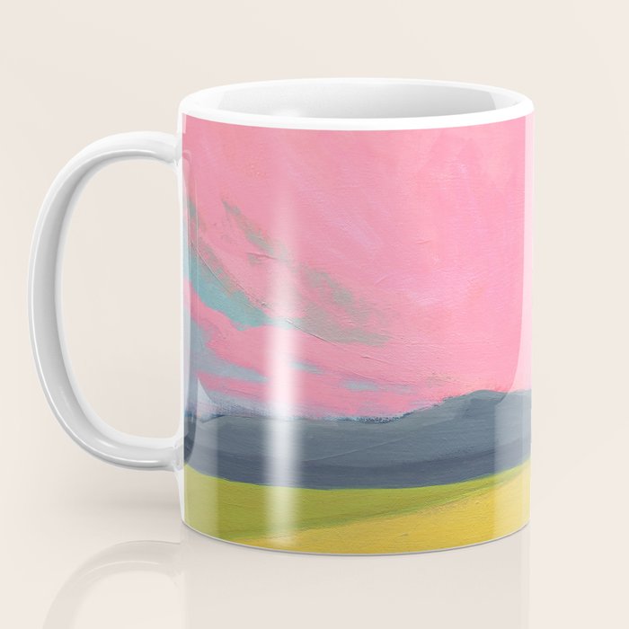 Bright Pink Sunset Over Mountains and Farm Fields Coffee Mug Gallery Image 3