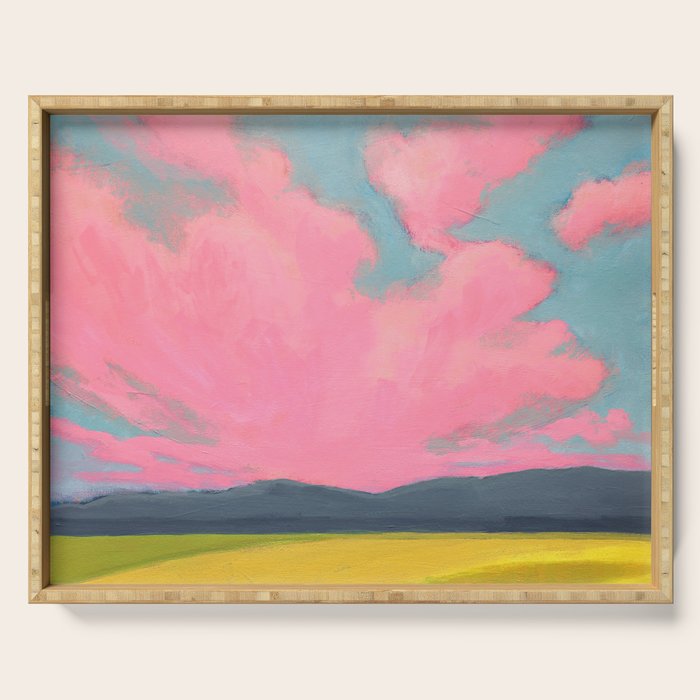 Bright Pink Sunset Over Mountains and Farm Fields Serving Tray Gallery Image 1