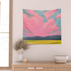 Bright Pink Sunset Over Mountains and Farm Fields Wall Tapestry Gallery Image 2