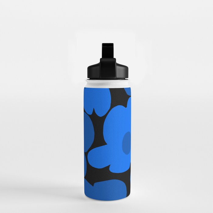 Large Bright Blue Retro Flowers Dark Background #decor #society6 #buyart Water Bottle Gallery Image 2