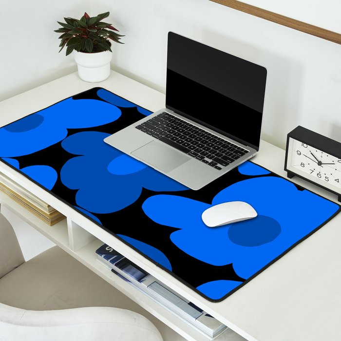 Large Bright Blue Retro Flowers Dark Background #decor #society6 #buyart Desk Mat Gallery Image 2