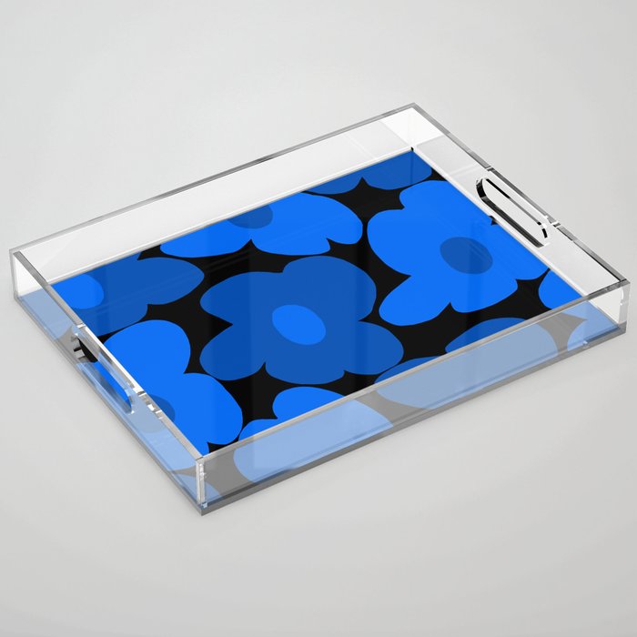 Large Bright Blue Retro Flowers Dark Background #decor #society6 #buyart Acrylic Tray Gallery Image 1