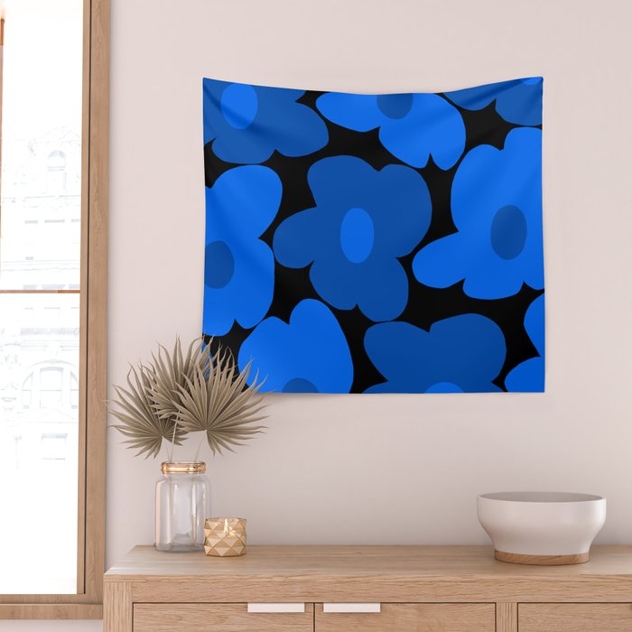 Large Bright Blue Retro Flowers Dark Background #decor #society6 #buyart Wall Tapestry Gallery Image 2
