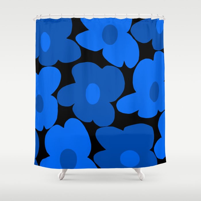 Large Bright Blue Retro Flowers Dark Background #decor #society6 #buyart Shower Curtain Gallery Image 1