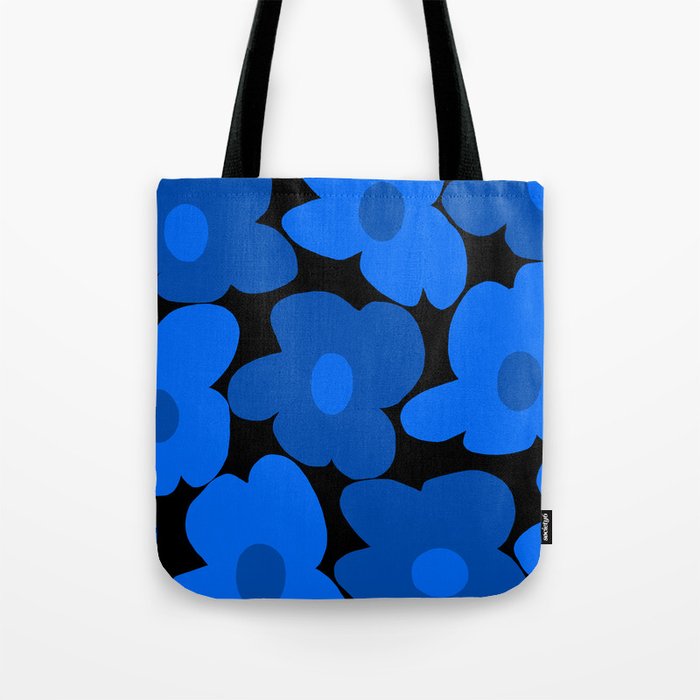 Large Bright Blue Retro Flowers Dark Background #decor #society6 #buyart Tote Bag Gallery Image 1