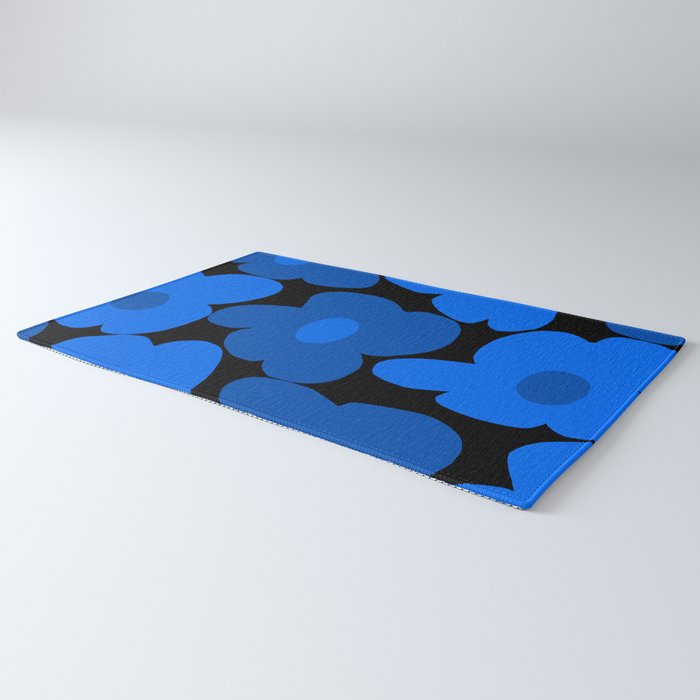Large Bright Blue Retro Flowers Dark Background #decor #society6 #buyart Rug Gallery Image 3