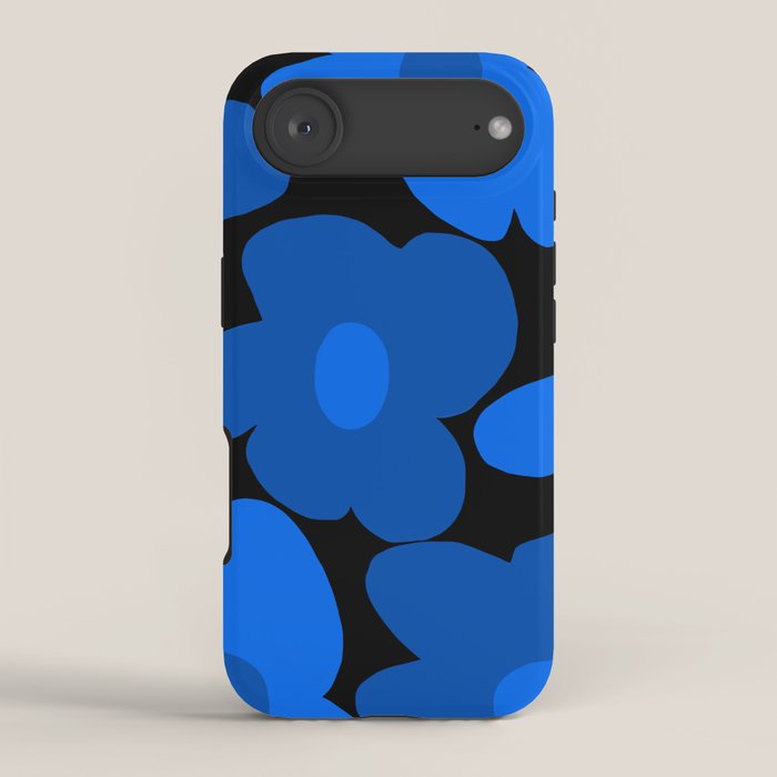 Large Bright Blue Retro Flowers Dark Background #decor #society6 #buyart iPhone Case Gallery Image 2