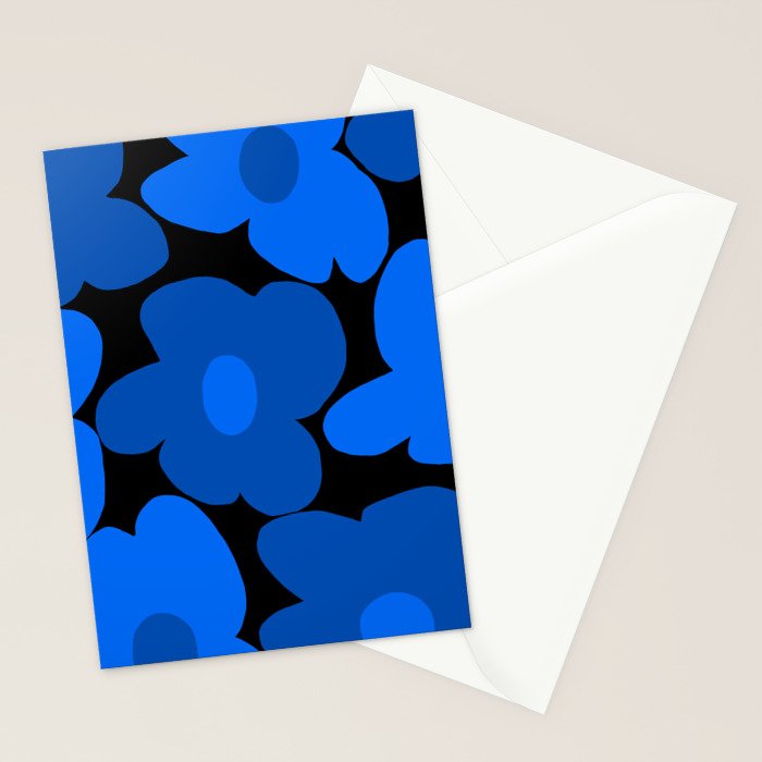 Large Bright Blue Retro Flowers Dark Background #decor #society6 #buyart Stationery Card Gallery Image 2