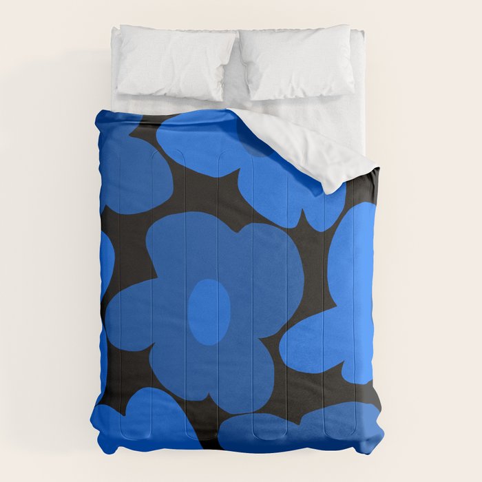 Large Bright Blue Retro Flowers Dark Background #decor #society6 #buyart Comforter Gallery Image 6