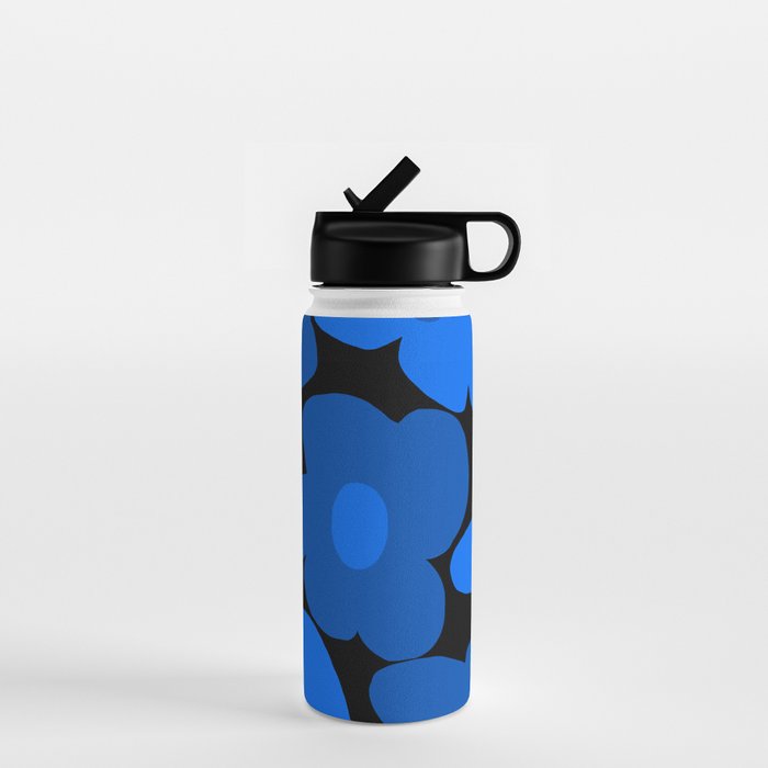 Large Bright Blue Retro Flowers Dark Background #decor #society6 #buyart Water Bottle Gallery Image 1