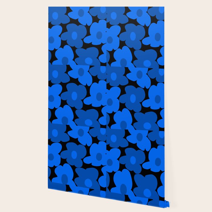 Large Bright Blue Retro Flowers Dark Background #decor #society6 #buyart Wallpaper Gallery Image 2