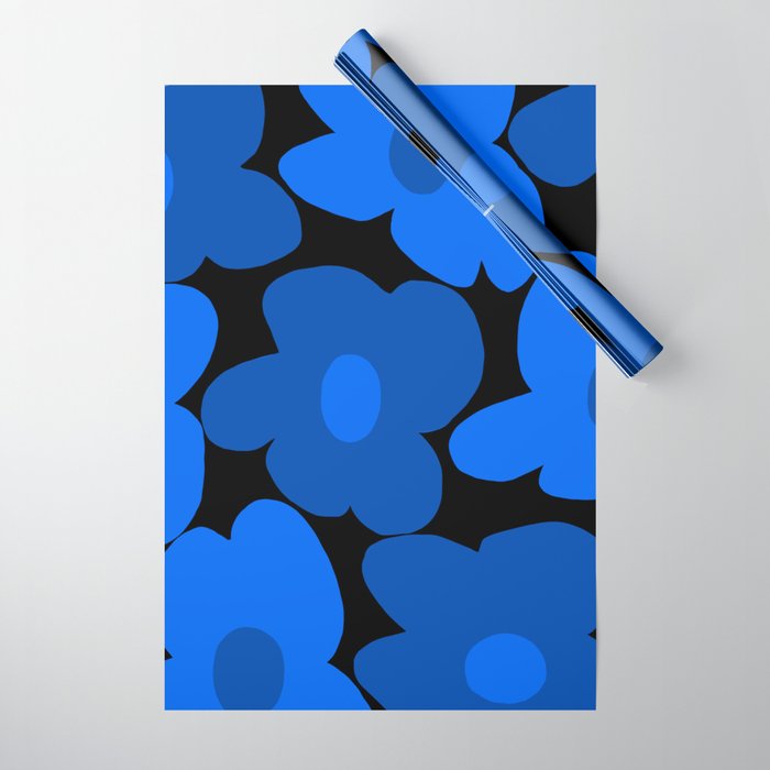 Large Bright Blue Retro Flowers Dark Background #decor #society6 #buyart Wrapping Paper Gallery Image 1