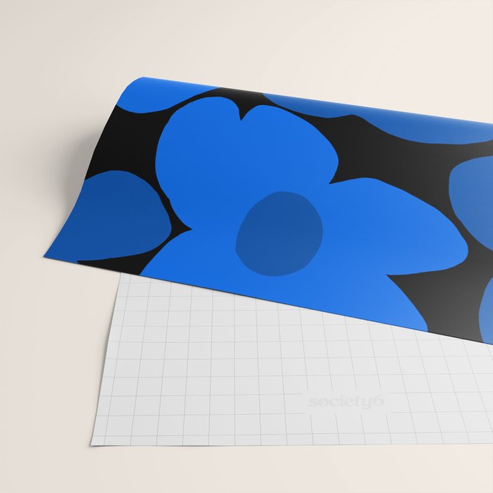 Large Bright Blue Retro Flowers Dark Background #decor #society6 #buyart Wrapping Paper Gallery Image 2