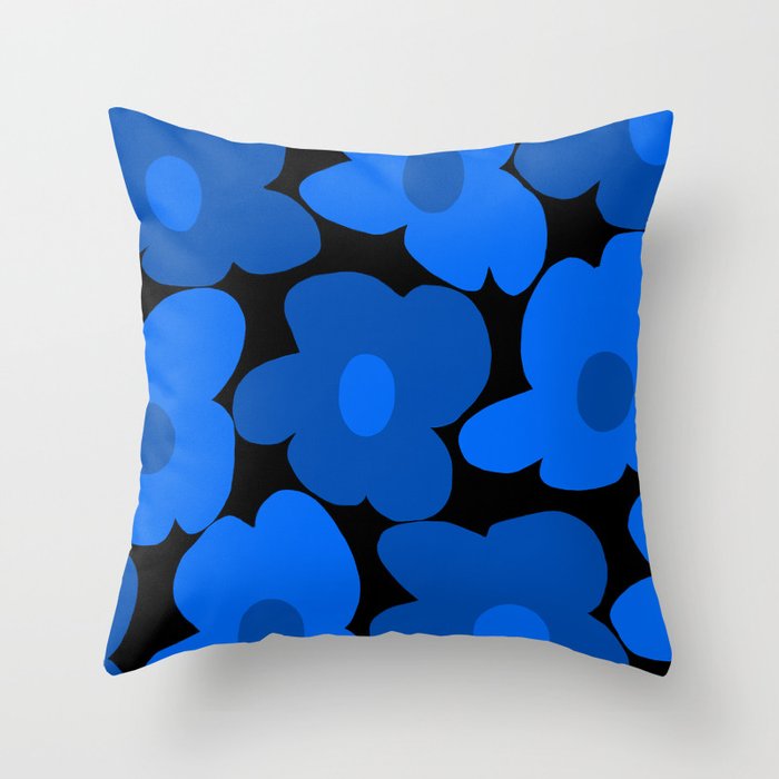 Large Bright Blue Retro Flowers Dark Background #decor #society6 #buyart Throw Pillow Gallery Image 1