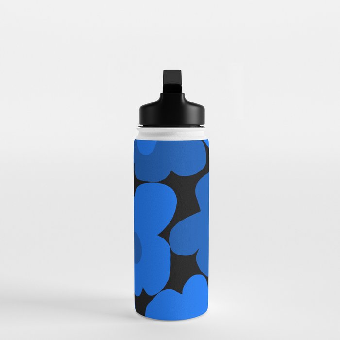 Large Bright Blue Retro Flowers Dark Background #decor #society6 #buyart Water Bottle Gallery Image 3