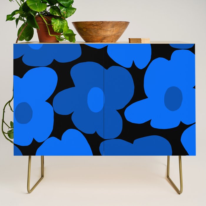 Large Bright Blue Retro Flowers Dark Background #decor #society6 #buyart Credenza Gallery Image 1