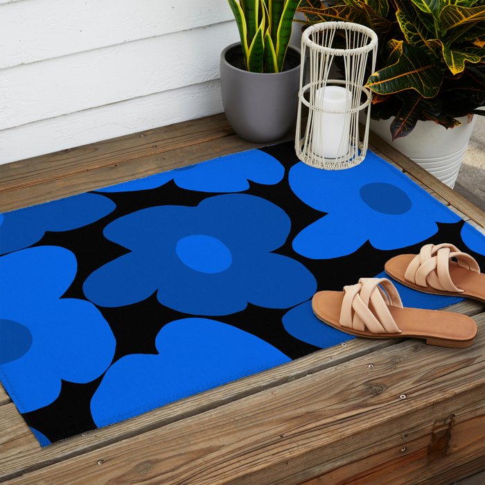 Large Bright Blue Retro Flowers Dark Background #decor #society6 #buyart Outdoor Rug Gallery Image 2