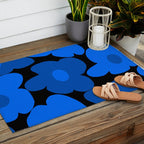 Large Bright Blue Retro Flowers Dark Background #decor #society6 #buyart Outdoor Rug Gallery Image 2