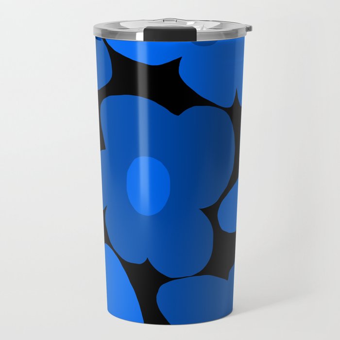 Large Bright Blue Retro Flowers Dark Background #decor #society6 #buyart Travel Mug Gallery Image 1