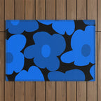Large Bright Blue Retro Flowers Dark Background #decor #society6 #buyart Outdoor Rug Gallery Image 1