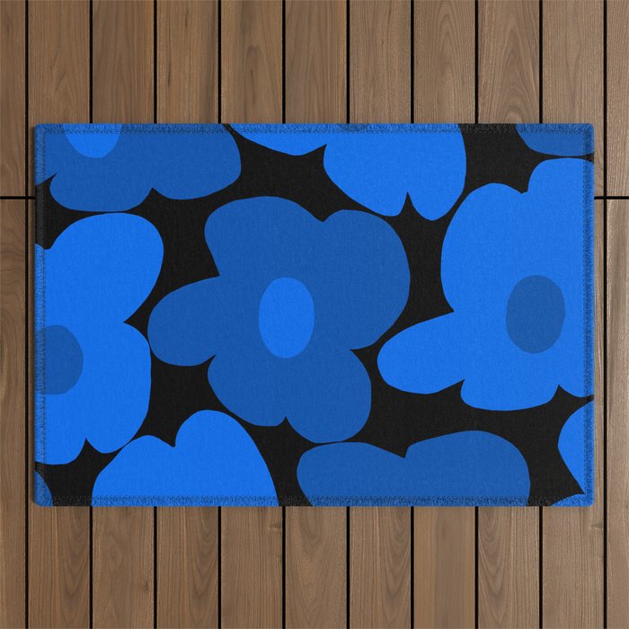Large Bright Blue Retro Flowers Dark Background #decor #society6 #buyart Outdoor Rug Gallery Image 1