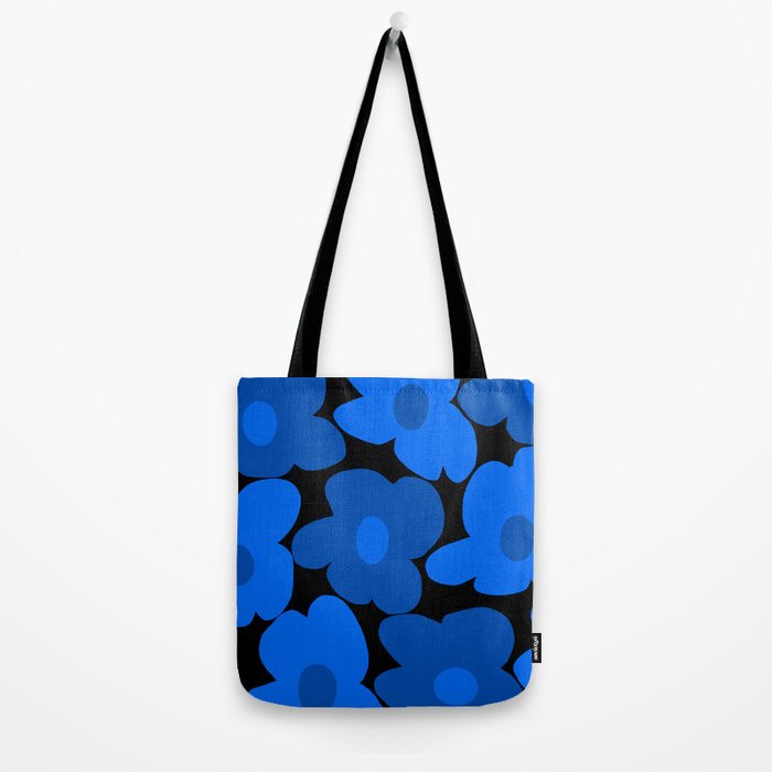 Large Bright Blue Retro Flowers Dark Background #decor #society6 #buyart Tote Bag Gallery Image 2