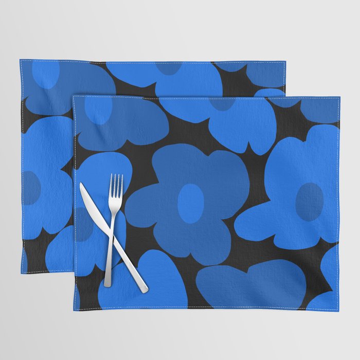 Large Bright Blue Retro Flowers Dark Background #decor #society6 #buyart Placemat Gallery Image 1