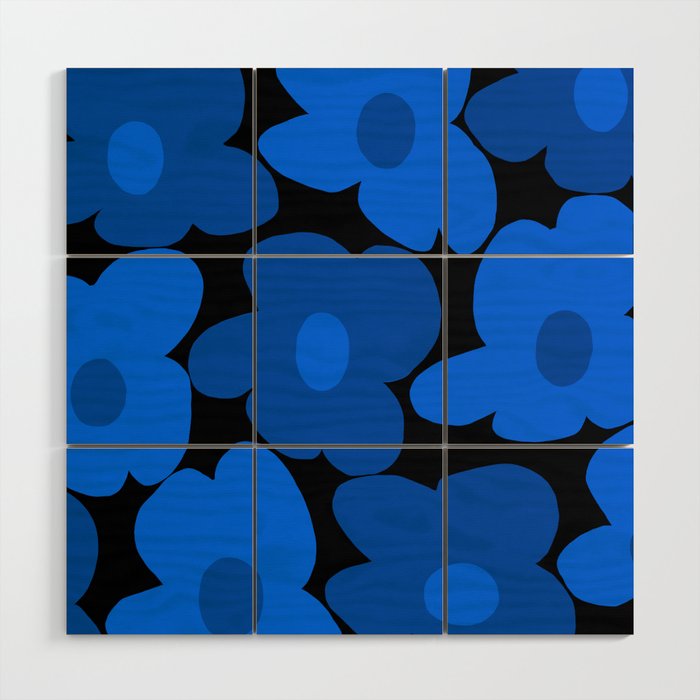 Large Bright Blue Retro Flowers Dark Background #decor #society6 #buyart Wood Wall Art Gallery Image 1