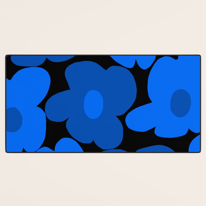 Large Bright Blue Retro Flowers Dark Background #decor #society6 #buyart Desk Mat Gallery Image 3