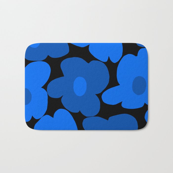 Large Bright Blue Retro Flowers Dark Background #decor #society6 #buyart Bath Mat Gallery Image 1
