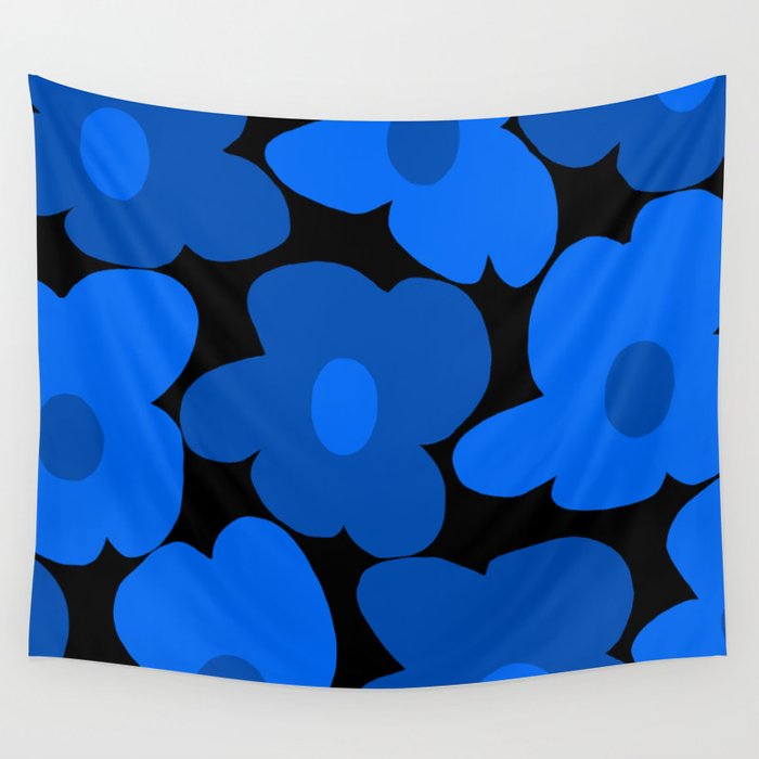 Large Bright Blue Retro Flowers Dark Background #decor #society6 #buyart Wall Tapestry Gallery Image 1