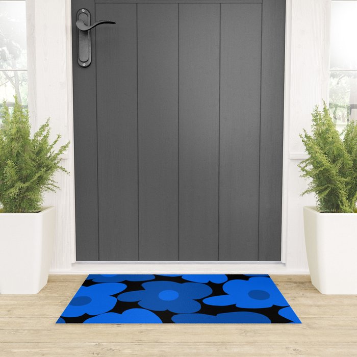 Large Bright Blue Retro Flowers Dark Background #decor #society6 #buyart Welcome Mat Gallery Image 3