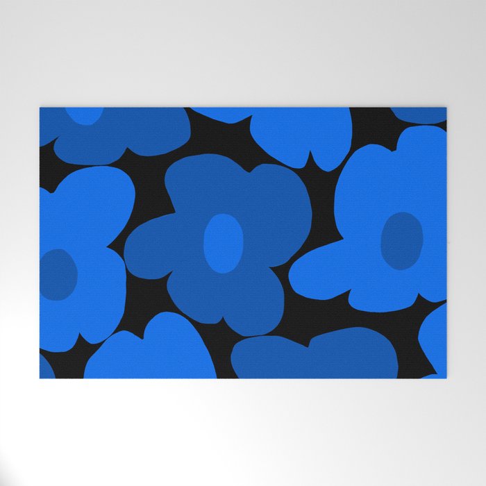 Large Bright Blue Retro Flowers Dark Background #decor #society6 #buyart Welcome Mat Gallery Image 1