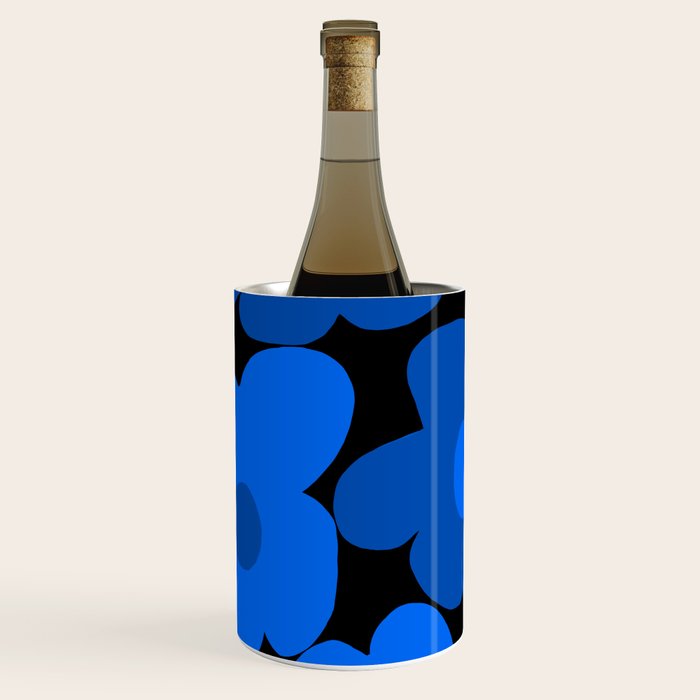Large Bright Blue Retro Flowers Dark Background #decor #society6 #buyart Wine Chiller Gallery Image 2