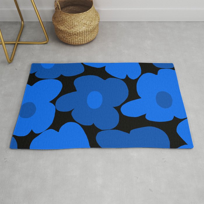 Large Bright Blue Retro Flowers Dark Background #decor #society6 #buyart Rug Gallery Image 1