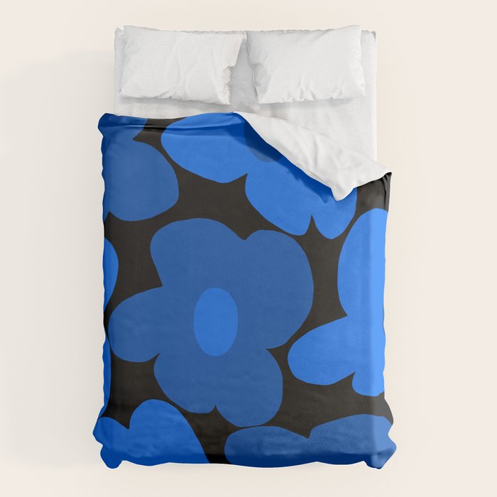 Large Bright Blue Retro Flowers Dark Background #decor #society6 #buyart Duvet Cover Gallery Image 6