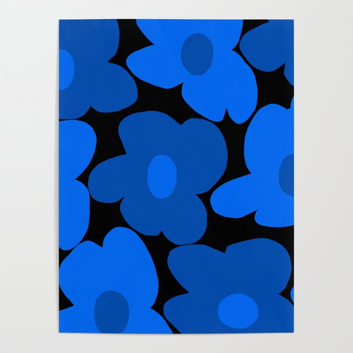 Large Bright Blue Retro Flowers Dark Background #decor #society6 #buyart Poster Gallery Image 1