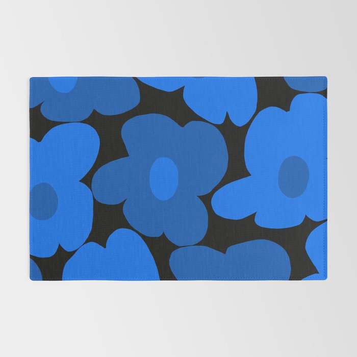 Large Bright Blue Retro Flowers Dark Background #decor #society6 #buyart Rug Gallery Image 2
