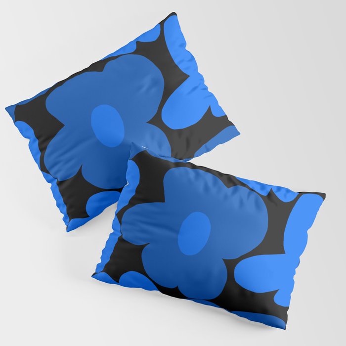 Large Bright Blue Retro Flowers Dark Background #decor #society6 #buyart Pillow Sham Gallery Image 1