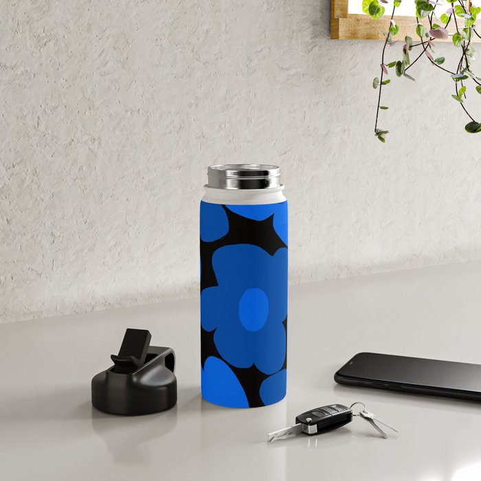 Large Bright Blue Retro Flowers Dark Background #decor #society6 #buyart Water Bottle Gallery Image 4